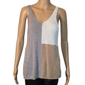 Top Color Block Knit Sleeveless Tank Shirt Tan White Gray Womens Size Small